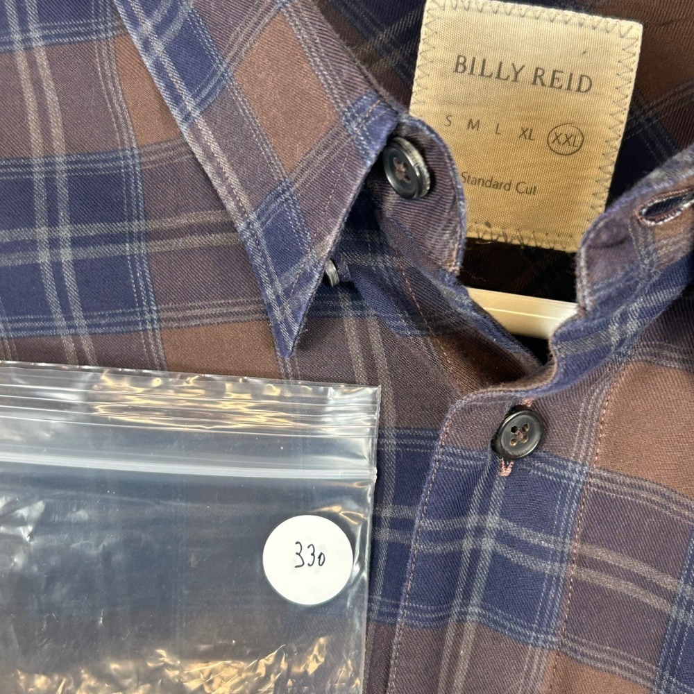 Billy Reid Mens XXL Brown Navy Blue Plaid Flannel Button Down Shirt Standard Cut - Picture 8 of 8